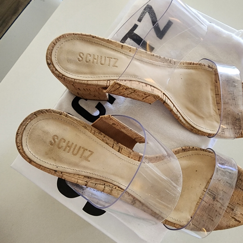 SCHUTZ Victorie Clear Strap Tan Block Heel Mules - Picture 10 of 13